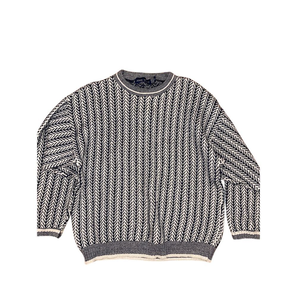 Vintage John Weitz navy blue and white 100% cotton knitted sweater men's large